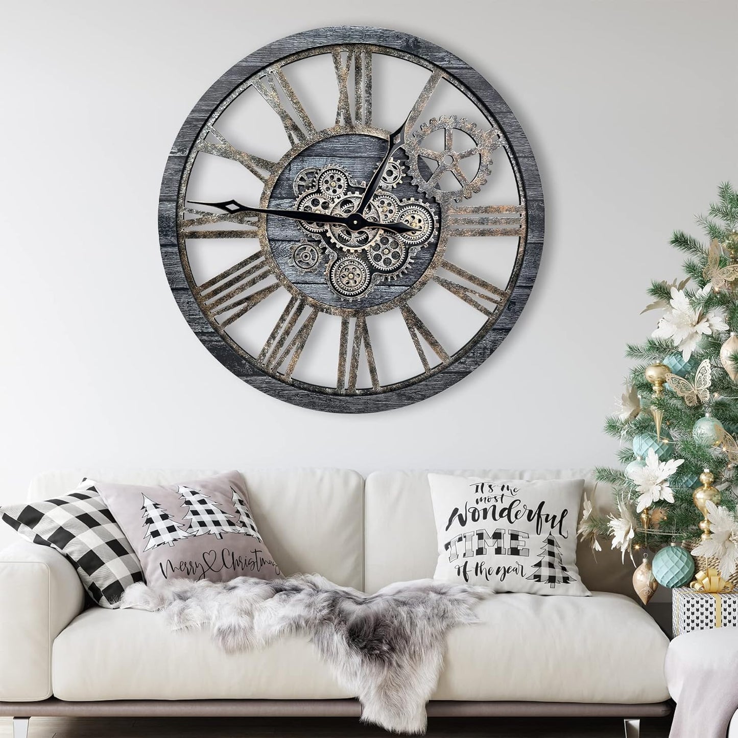 The B-Style Large Real Moving Gears Wall Clock 30 inch Rustic Retro Industrial Farmhouse Wood Clock Oversized Decorative Vintage Wall Clocks for Living Room (Carbon Gray)