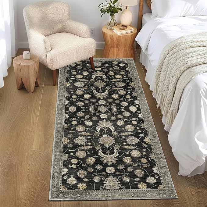 2x6 Runner Rug for Entryway Hallway-Vintage Farmhouse Boho Floral Neutral Washable Stain Resistant Indoor Rugs for Home Decor(Black&Gold)