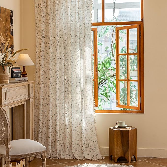 OYX Boho Floral Curtains 63 Inch Length 2 Panels for Living Room, Bedroom Light Filtering Drapes, Farmhouse Vintage Country French Rustic Tassels Pattern Rod Pocket Aesthetic Decor Window Treatments
