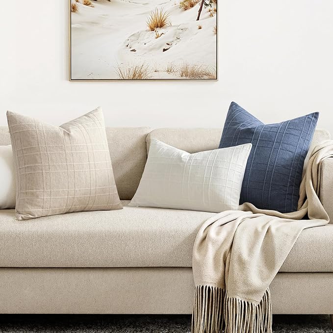MIULEE Decorative Linen Check Throw Pillow Covers Neutral Farmhouse Vintage Pillow Covers 20x20 Set of 2 Boho Modern Home Decor for Sofa Couch Bedroom Cushion Cream White