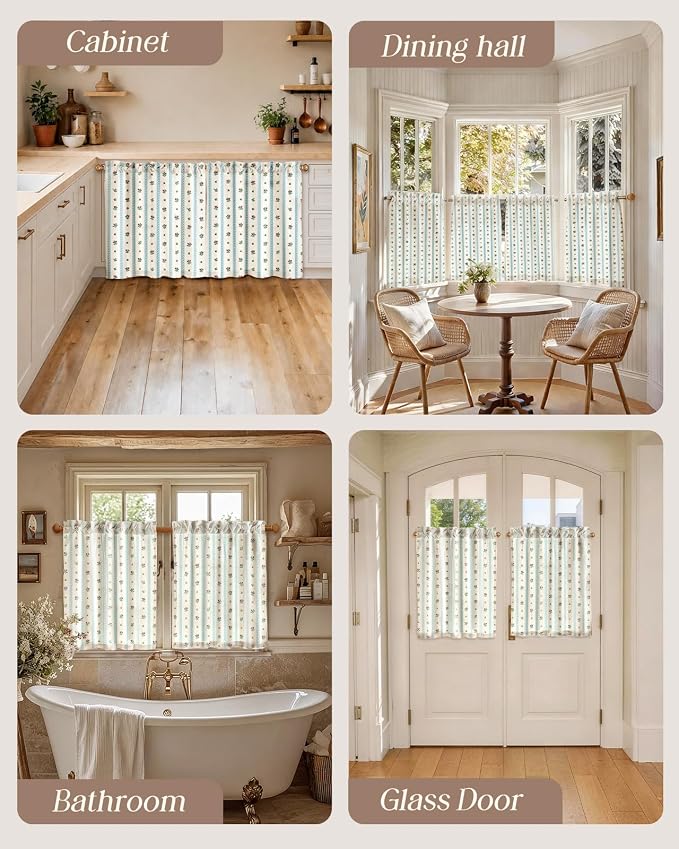 Miss Adola Farmhouse Kitchen Tier Curtains - 30 Inch Length Linen Blend Boho Cafe Curtains Blue Floral Small Window Treatments Over Sink Rod Pocket for Bathroom Living Room Light Filtering, 2 Panels