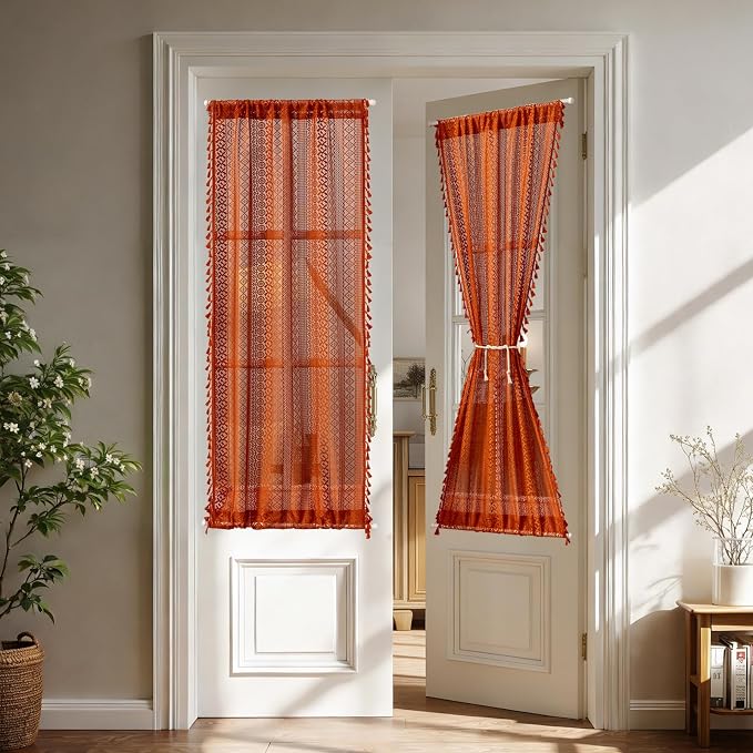 Sutuo Home Terracotta French Door Curtains 72 Inches Long for Front Door Glass & Sidelights, Burnt Orange Bohemian Tassels Vintage Chic Privacy Drapes Window Halloween Decor, Rod Pocket 2 Panels 25" W
