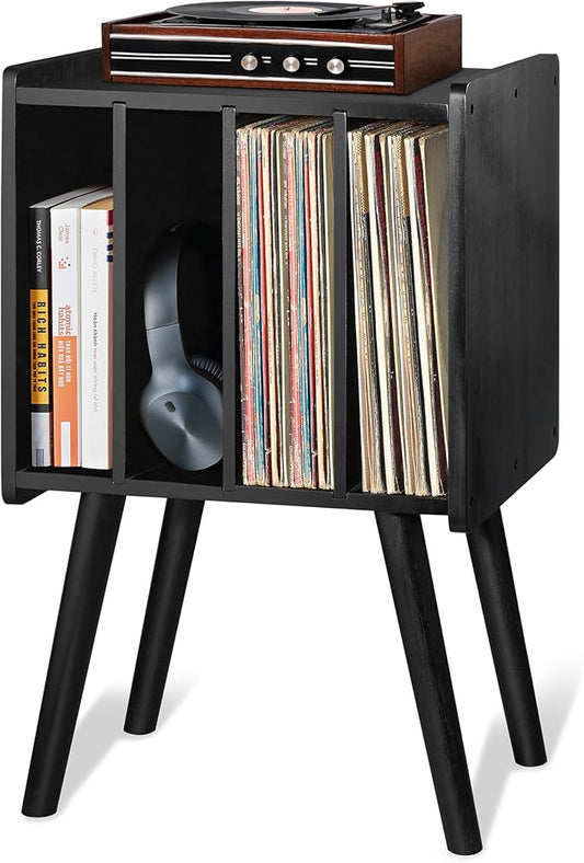 2BHOME Wooden LP Record Player Stand with 4 Cabinets, Holds up to 100 Vinyls, Metal Record Storage Holder and Organizer Table, Classical Design for Files/Book (Mid-Century Modern)