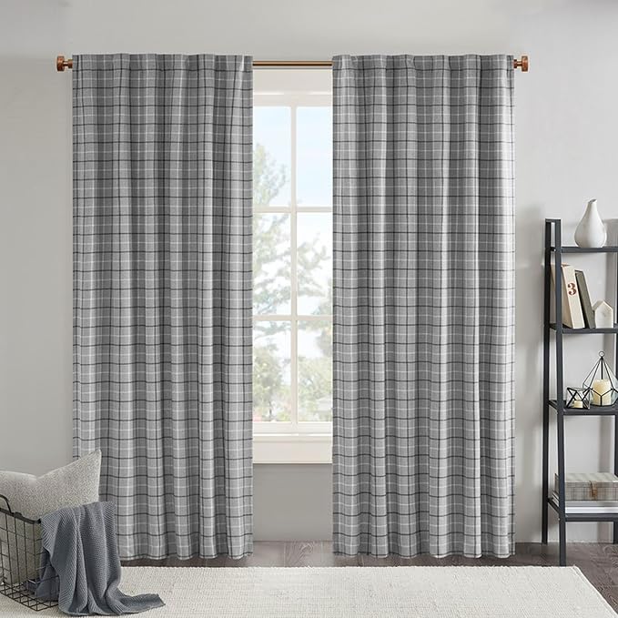 Madison Park Anaheim Cabin Plaid Curtain Window, Thermal Insulated Fleece Lining, Living Room Decor Room Darkening Drape for Bedroom, 1-Single Panel Pack, 50x95, Rod Pocket & Back Tab, Grey