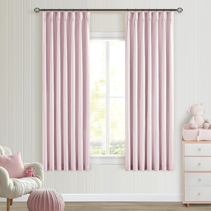 Light Pink Linen 63 Inch Length Blackout Curtains Pinch Pleated Drapes Back Tab 100% Black Out Short Room Darkening Pinch Pleat Curtains with Hooks Rings for Small Girls Bedroom Nursery Blush