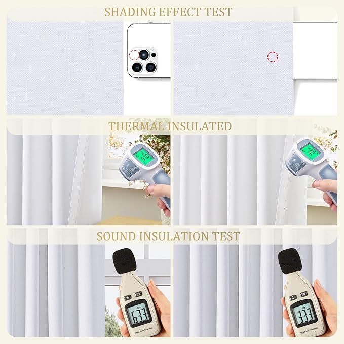 Jowels White Linen Blackout Curtains 85 Length 2 Panels Set for Living Room Bedroom, 100% Black Out Thermal Insulated Linen Drapes, Room Darkening Grommet Curtains 85 Inches Long