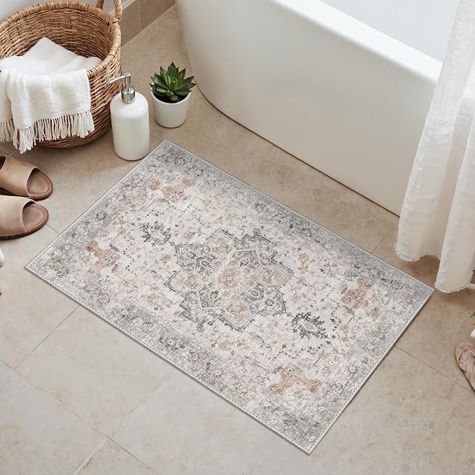 GENIMO Area Rug 32x48 inch Doormat, Machine Washable Low Pile Rugs, Small Retro Entryway Mat for Entrance, Hallway, Kitchen and Corridor, Light Taupe Brown