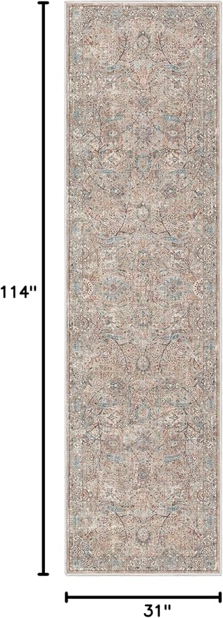 Well Woven Asha Collection Elegant Ivory & Blue Oriental 3x10 Runner Rug Perfect for Hallway or Entryway Ideal for High-Traffic Areas with Vintage-Inspired Low Pile