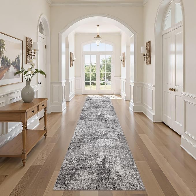 DMOYEST Washable Runner Rug for Hallway: 2.6x12 Neutral Modern Abstract Low Pile Area Rug with Non-Slip Backing - Carpet for Bedroom Kitchen Laundry Entryway Bathroom Indoor - Grey