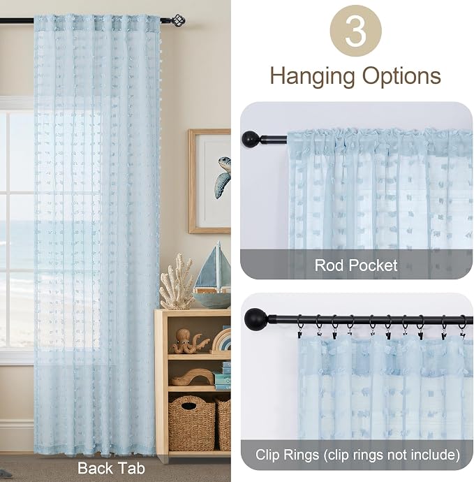 Sheer Light Blue Curtains 90 Inches Long for Living Room Bedroom 2 Panels Set Back Tab Pom Pom Boho Semi Sheer Drape Coastal Nautical Aesthetic Window Curtain for Patio French Door 52x90 Baby Sky Blue