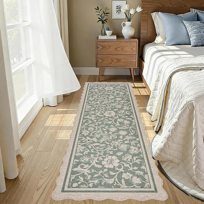 ORTIGIA Scalloped Easy Jute 2x6 Kitchen Runner Rug Vintage Green Floral Farmhouse Washable Rug Non-Slip Outdoor Carpet for Entryway Indoor Hallway Patio Laundry Room