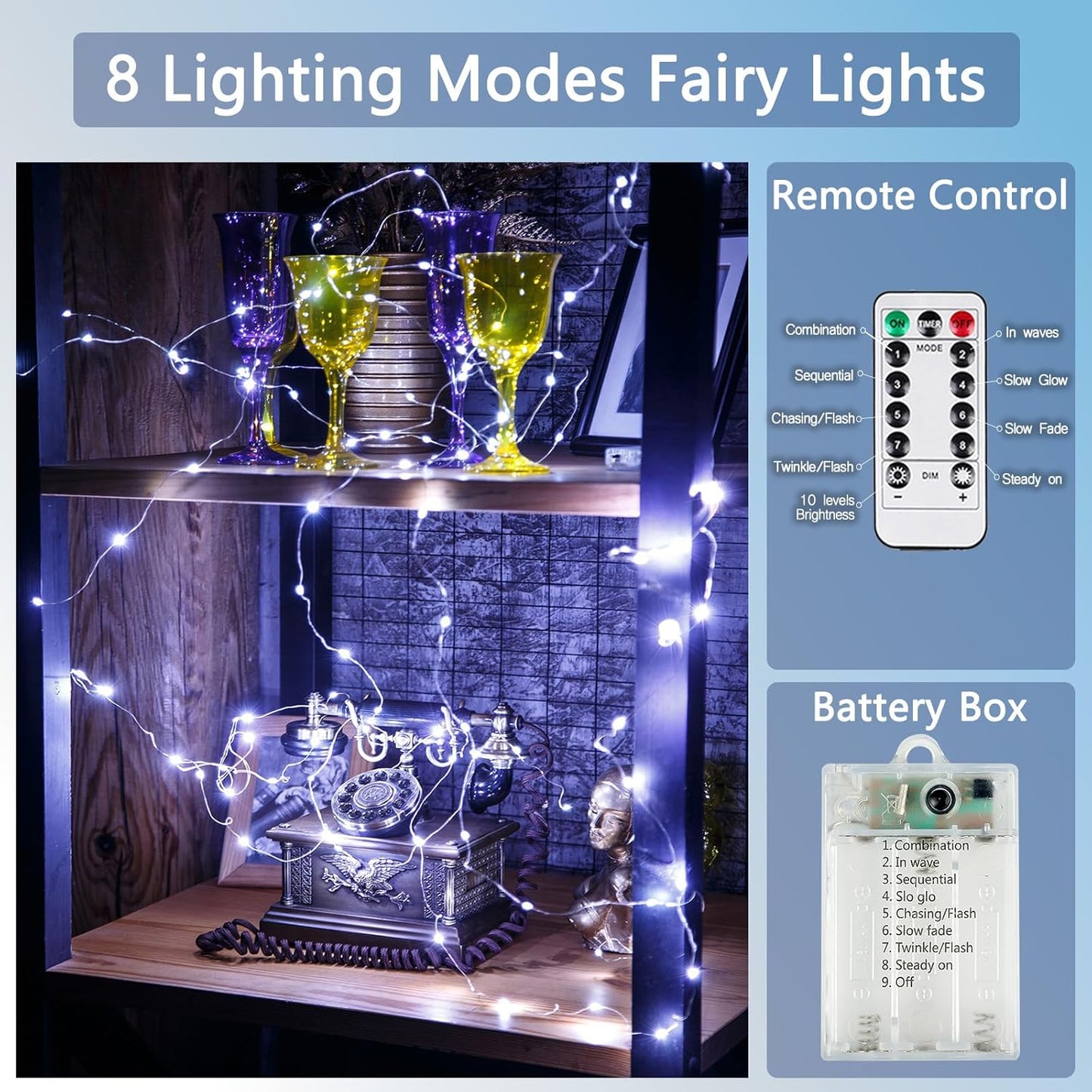 3 Pack Fairy Lights Battery Operated with Remote Control Timer, 26 FT 80 LED String Lights Outdoor Indoor, 8 Mode Twinkle Lights for Christmas Party Wedding Birthday Bedroom Décor (Cool White)