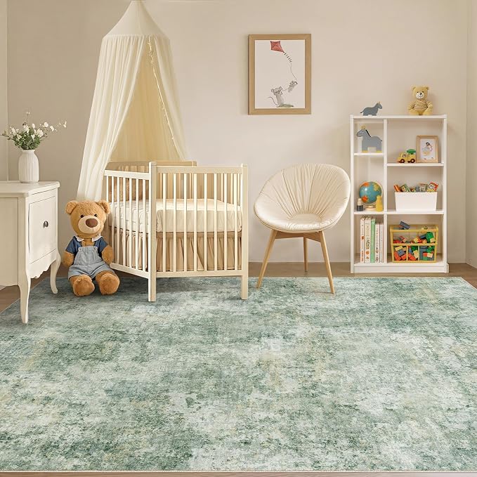 Tortania Washable 5x7 Area Rug for Living Room: Modern Abstract Neutral Large Soft Thin Rugs - Non Slip Indoor Carpet for Bedroom Dining Room Office Nursery Home Floor Decoration - Olive Green
