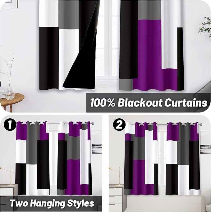 Tyrot Purple 100% Blackout Curtains for Bedroom 45 inch Length 2 Panels Set Grey Modern Abstract Geometric Black Out Curtains Insulated Room Darkening Window Drapes for Living Room, 52Wx45L