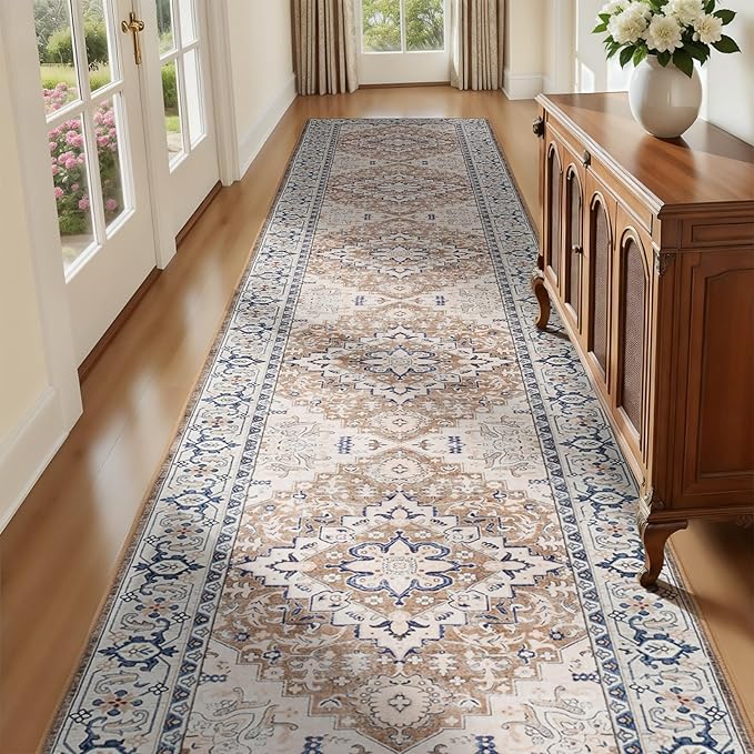 Lofus 2'6"x14' Runner Rug for Hallways, Washable Kitchen Rugs, Non-Slip Rugs for Entryway and Bedroom, Vintage Boho Carpet, Soft Low Pile Long Runner Area Rug, Floral Brown