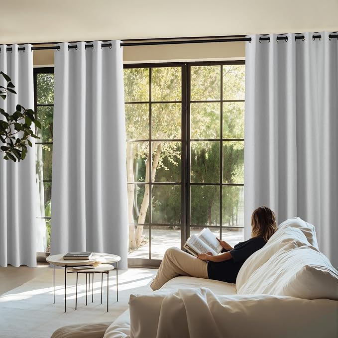 NICETOWN 100% Blackout Faux Linen Curtains for Living Room, Greyish White, W52 x L84, 2 Pieces, Noise Reducing Crisp Faux Linen Light Blocking Shield for Classroom, Dining Room Windows