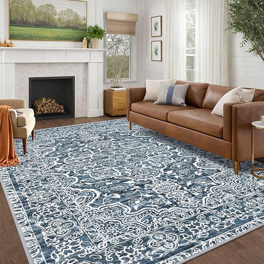 KUTA Living Room Rug 6x9 Blue White, Washable Large Area Rugs 6ft x 9ft, Non-Slip Boho Printed Vintage Dining Room Carpet, Indoor Low-Pile Cozy Room Throw for Office Bedroom