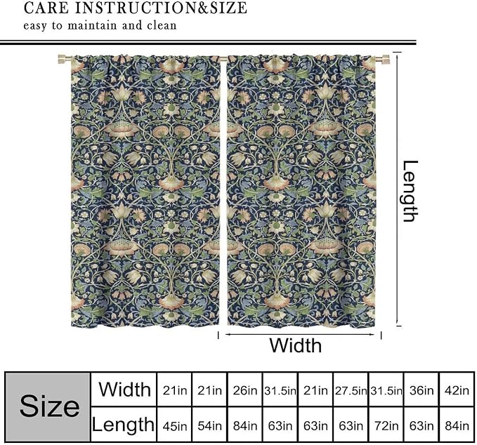 William Morris Blackout Window Curtains, Retro Botanical Vintage Floral Leaves Pattern Print Window Drapes, for Living Room Bedroom 31.5(W)*63(L) 2 Panels