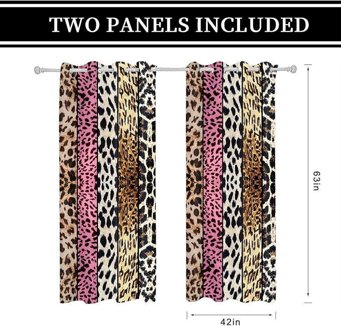 Wild Animal Print Curtain, Room Darkening Thermal Insulated Blackout Leopard Boa Window Drapes with Grommets for Living, Dining, Bedroom, Pink Leopard Print, 42"x 63", 2 Panels