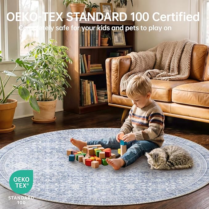 Sasttie Round Rugs 6ft, Ultra-Soft Washable Circle Rug, Low Pile Foldable Thin rugs with Non-Slip Backing, Skin-Friendly Stain Resistant Carpet for Living Room, Bedroom, Kitchen, Dorm, 6ft, Light Blue