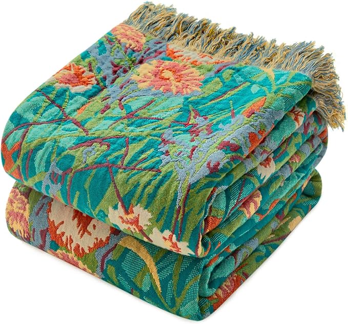 Boho Throw Blanket - 90"x108" 100% Cotton Ultra Soft Lightweight Spring Blanket, 4-Layer Breathable Muslin Blankets for Bed Couch, Reversible Green Floral Printed Bohemian Cotton Quilt