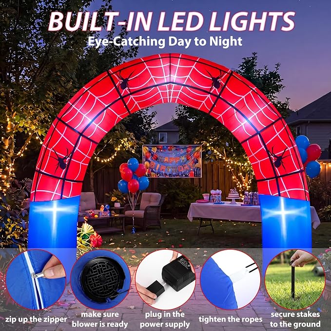 Jenaai 8ft Giant Spider Web Inflatable Arch Blow up Inflatable Outdoor Yard Decorations with Built in LED Lights Red Spider Web Theme Birthday Party Decor for Garden Lawn