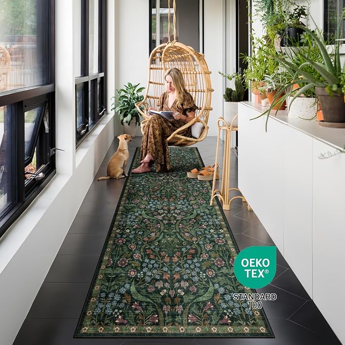 2.6x8 Machine Washable Runner Rug, Kitchen Hallway Area Rug Green Vintage Boho Floral Ultra Non-Slip Low Pile Soft Faux Wool Carpet Kids and Pets Friendly for Bedroom Entryway Nursery Decor Rug
