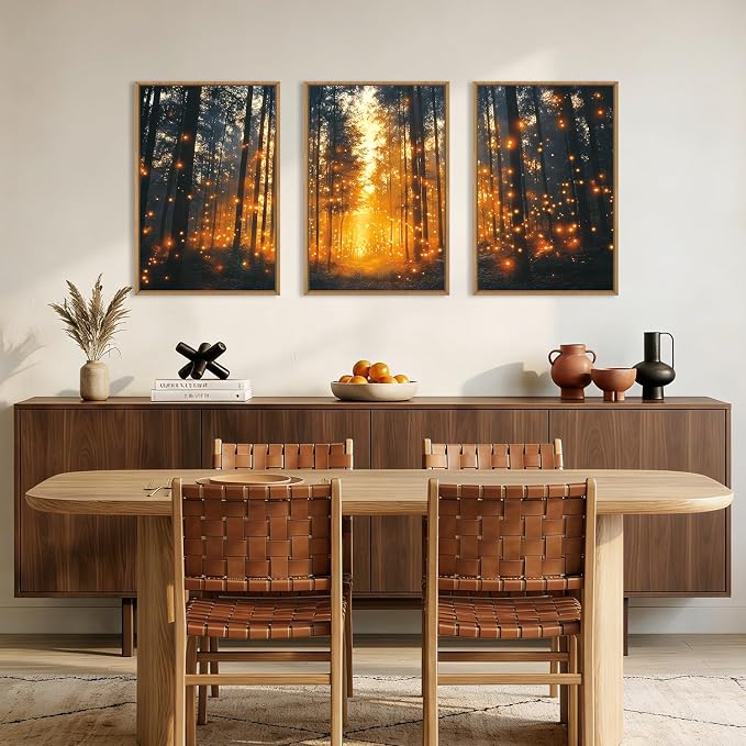 Magical Firefly Forest Framed Canvas Wall Art Set,Enchanted Night Nature Mystical Woodland Wall Decor,Whimsical Orange Twinkling Black Tree Art Print for Living Room, Bedroom, Office- 24"x36"x3