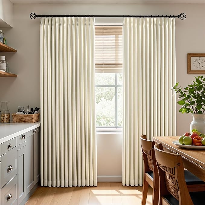 Cream Beige Pinch Pleated Full Blackout Linen Curtains for Bedroom, Black Out Curtains 95 Inches 1 Panel for Living Room Darkening Thermal Insulated Neutral Pleat Drapes with 12 Hooks, 70''Wx95''L