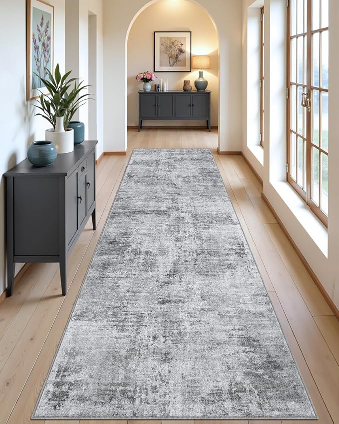 DEXI Hallway Runner Rug Washable 2'8''x10', Modern Abstract Soft Thin Hallways Runner with Non Slip Backing, Low Pile Entryway Floor Rug, Stain Resistant Carpet for Bedroom Living Room, Light Grey