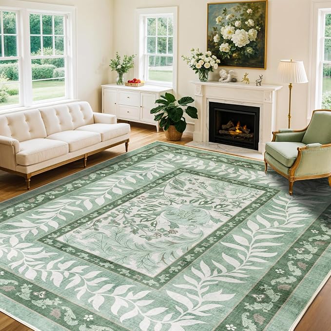 LIANLAM Washable Rug 9x12 Area Rugs for Living Room - Stain Resistant Non-Slip Backing Floral Design Rug for Bedroom,Durable & Ultra-Thin Vintage Large Area Rug(9x12,Green)