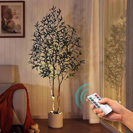 Verinatural Artificial Olive Tree Faux Plants Indoor - 6FT Tall Fake Tree with Remote LED Spotlights, Cylinder Round White Planter - for Modern Home Office Living Room Floor Display, VN214