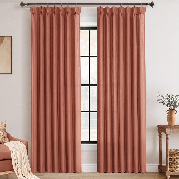 Terracotta Pinch Pleated Linen Curtains 90 Inch Length 2 Panels for Living Room Bedroom Textured Semi Sheer Drapes Pinch Pleat Rings Window Curtain 40x90