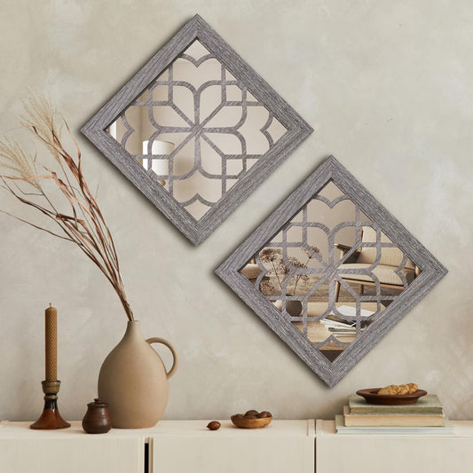 Boho Square Wall Mirrors Set of 2-12" x12'Decorative Mirrors for Wall Decor, BrownHandcrafted Mirror Panels Perfect for LivingRoom Bedroom Entryway Hallway (Brown)