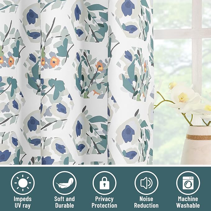 Joydeco Green Floral Curtains 96 Inches Long for Bedroom 2 Panels, Room Darkening Curtains Patterned Panels for Living Room with Grommet, 80% Blackout Botanical Printed Drapes(Hexagon Green-95)