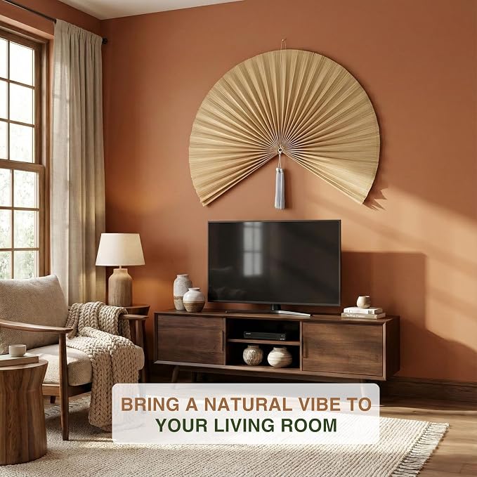 SUCHUBU Bamboo Wall Fan, 40" Handwoven Bamboo Wall Decor, Japanese Wall Hanging Fan for Bedroom, Fireplace, Natural Asian Wall Art for Boho & Farmhouse with Hook Strap Included (Beige, Medium)