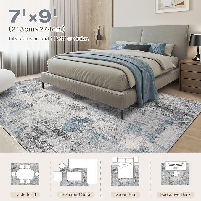 Abstract 7x9 Area Rug: Machine Washable Non Slip Ultra Thin Low-Pile Carpet, Soft Stain Resistant for Living Room Bedroom Nursery, Kid Pet Friendly, Robot Vacuum Compatible - Grey Blue