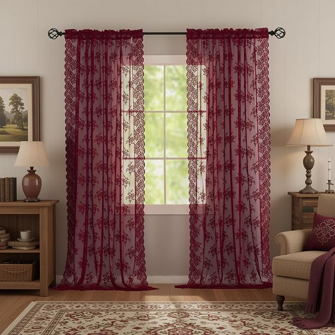 Kotile Burgundy Lace Curtains 84 Inches Long 2 Panels Cottagecore Floral Maroon Sheer Curtains for Living Room, Rod Pocket Light Filtering & Privacy Vintage Sheer Window Curtains 7FT, W42 x L84 Inch