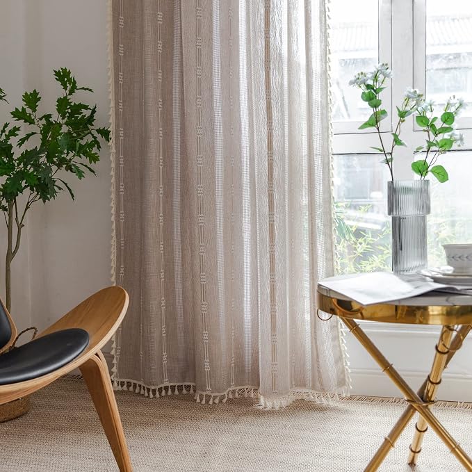 Linen Curtains 63 Inch Length 2 Panels for Living Room Embroidery Khaki Boho Curtains for Bedroom Rustic Farmhouse Tassel Light Filtering Window Curtains Rod Pocket Drapes (52" W x 63" L,Khaki)