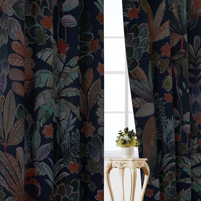 Estelar Textiler Leaves and Petals Pattern Design Room Darkening Blackout Curtains 84 Inch Long, Navy Blue Energy Saving Thermal Insulated Window Drapes for Living Room/Bedroom, 52x84 Inch, 2 Panels