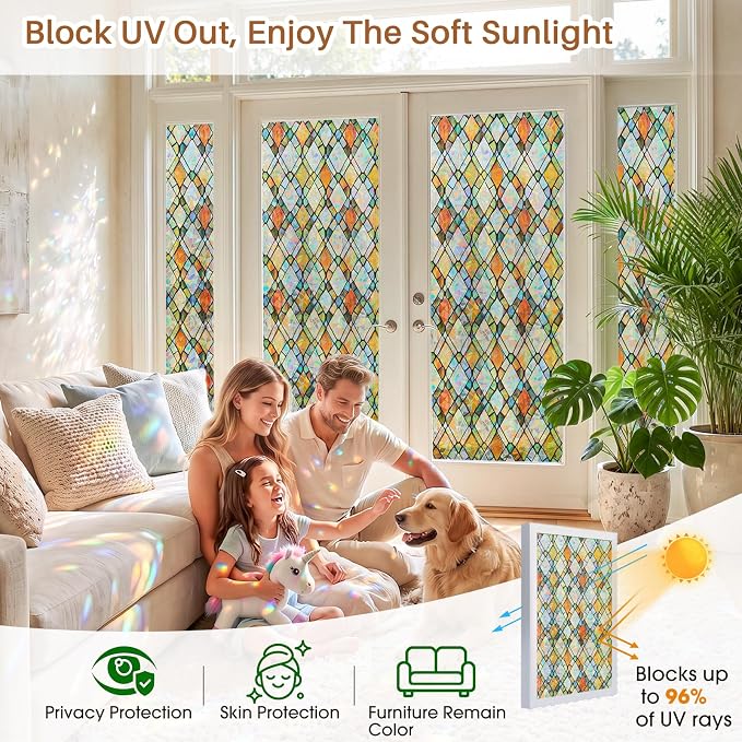 Window Privacy Film, Stained Glass Static Cling Rainbow Stickers 17.5" x 118"Decorative Lattice Window Film Removable with Tools, UV Block Heat Control 3D Vinyl Covering Non-Adhesive for Home Door