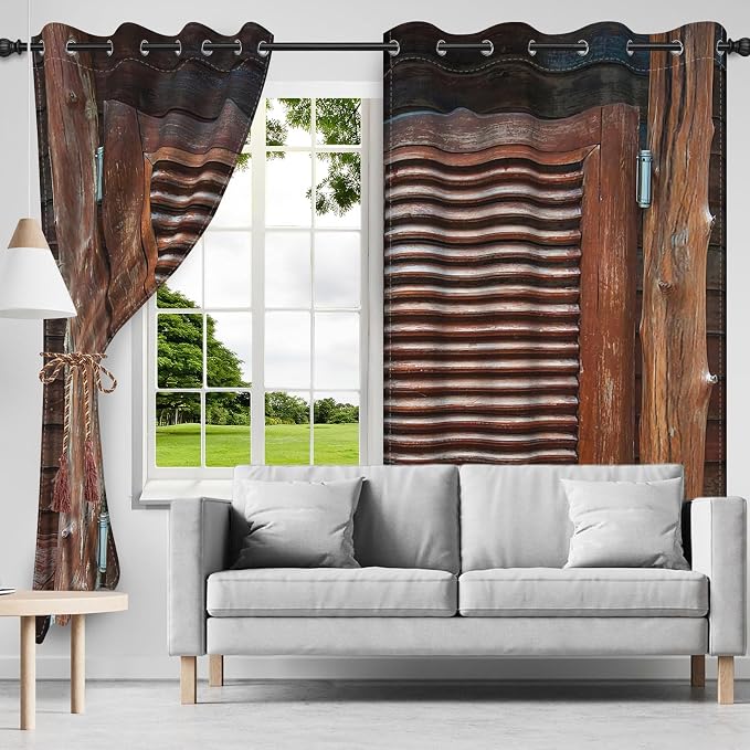 Rustic Wooden Barn Door Blackout Window Curtains Wood Planks Farm Farmhouse Curtains Country Retro Western Vintage Brown Window Treatments Kitchen Bedroom Living Room Decor,53x63 inch,2 Panels
