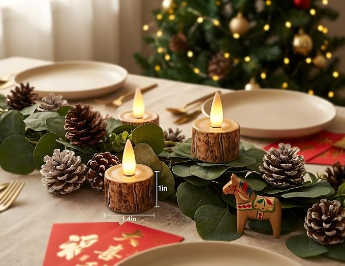 Rechargeable Flameless Tealights Candle with Remote Timer, 3D Moving Flame Real Wax Led Tealight Candles (Rech-6Tealight-bark, 1.4in)