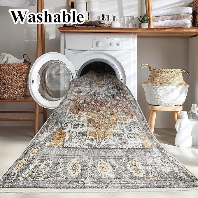 CHAMPLANT Area Rug 8x10 Washable Rug Taupe Vintage Traditional Mat Distressed Indoor Foldable Thin Retro Accent Rug Floral Print Non Slip Carpet Living Room Dining Room Office