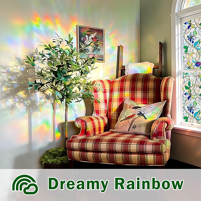 Stained Glass Window Film, Rainbow Privacy, One Way Decorative Tint, Static Cling, Renter Friendly for Home Bathroom Door