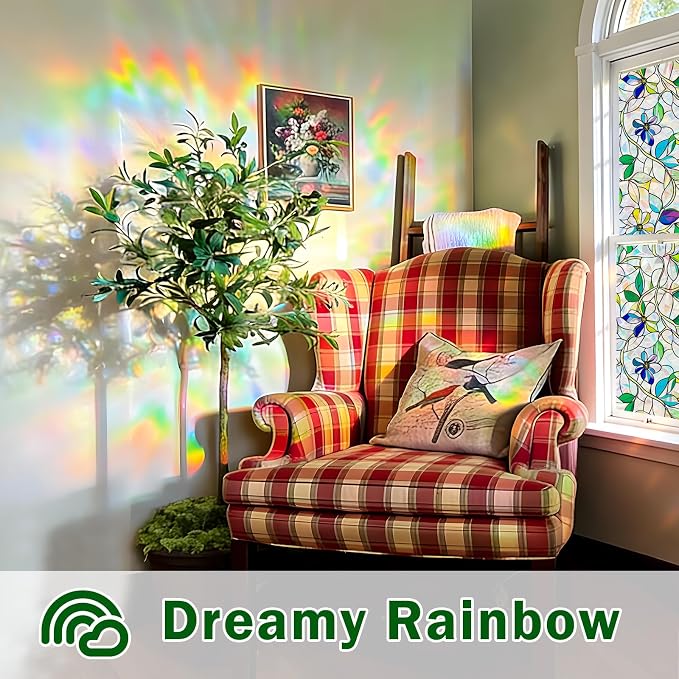 Stained Glass Window Film, Rainbow Privacy, One Way Decorative Tint, Static Cling, Renter Friendly for Home Bathroom Door
