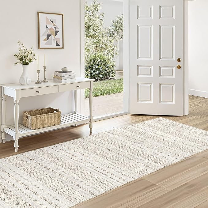 cotiled Hallway 2.6x8 Runner Rugs: Washable Boho Rugs with Non Slip Backing Large Soft Indoor Low Pile Carpet for Living Room Bedroom Farmhouse Dining Room Lightweight Home Decor Brown/Cream