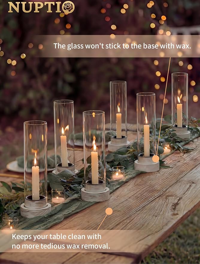 NUPTIO Hurricane Taper Candle Holders with Wax Catchers, Dripless, Set of 2 | Metal Bobeches Catch Drips, Distressed White Wood Bases, for Farmhouse Weddings Table Centerpieces, Home Decor, Easy Clean