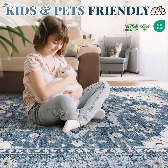 Area Rug 5x7 Vintage Rug: Washable Indoor Medallion Rugs Low Pile Distressed Floor Carpet Retro Accent Rug for Living Room Bedroom Kitchen Dining Table Home Office(Blue, 5'x7')