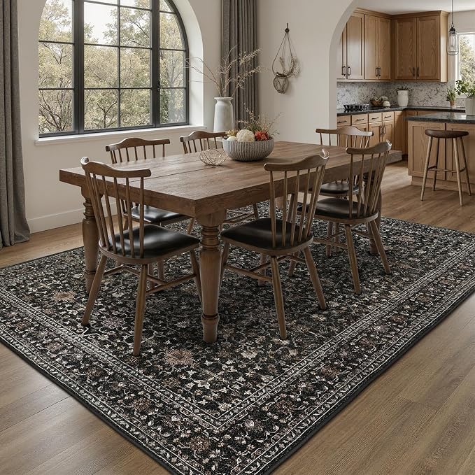 DCX Black 4x6 Rug, Kid & Pet Friendly with Rubber Back Non Slip, Machine Washable Stain Resistant Vintage Traditional Distressed Carpet, Rug for Living Room, Bedroom, Home Decor